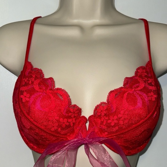 Vintage Victoria's Secret Push Up Underwire Front Close Bra w Bow Red Lace 34D - Picture 1 of 13